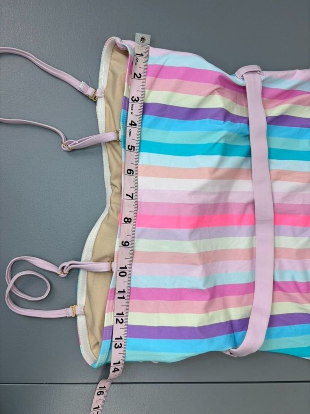 Beach Joy women's medium pastel rainbow striped one piece swimsuit belted - Picture 10 of 10